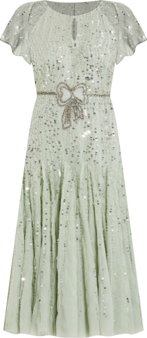 Women's Enbellished Bow Flutter Sleeve A Line Midi Dress