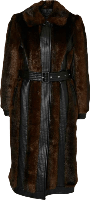 Women's Faux Fur Pu Panelled Belted Midi Coat