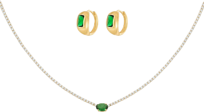 18k Gold Plated Sterling Silver Emerald Rectangle Necklace & Huggies Set Holiday Gift Guide