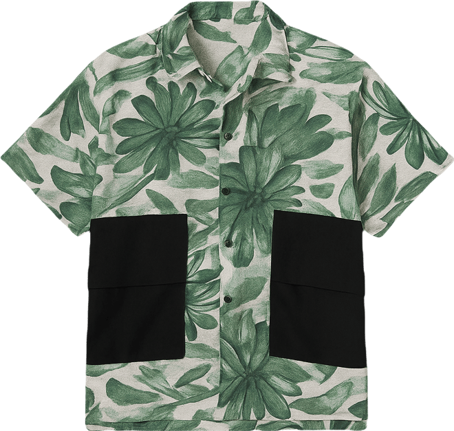 Men's Jungle Green & Ivory White Flora-Stroke Oversized Shirt