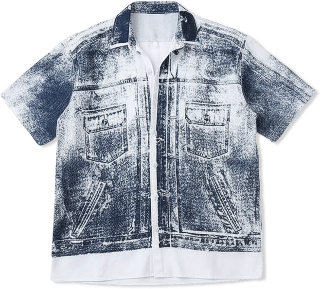 Men's Navy Blue Denim-Imprint Relaxed Shirt