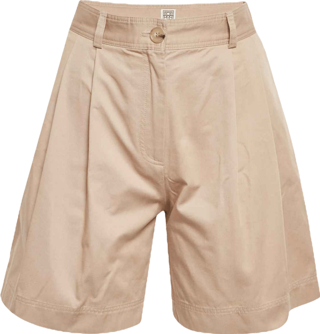 Women's Beige Cotton Twill Pleated Shorts