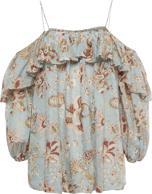 Women's Blue Floral Print Cotton Ruffled Blouse