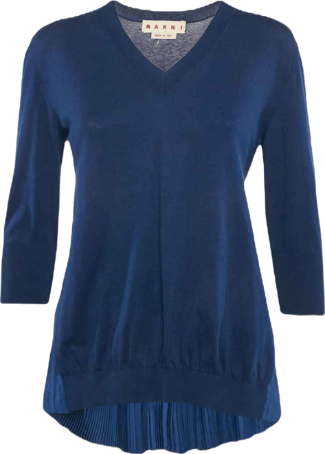 Women's Royal Blue Cotton Knit And Silk Pleated Asymmetric Top