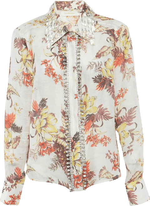 Women's Beige Floral Print Embellished Linen & Silk Matchmaker Shirt