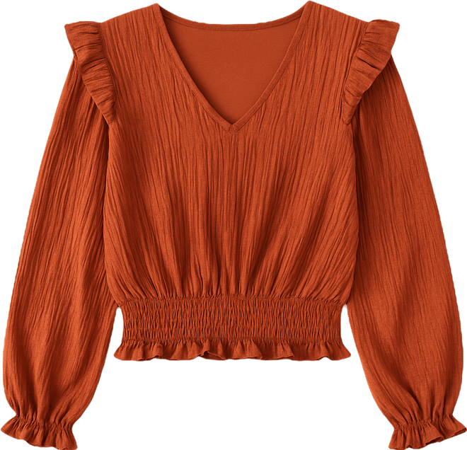 Women's V-Neck Smocked Blouse with Ruffle Sleeves