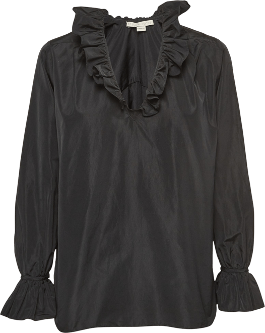 Women's Black Silk Blend Crepe Ruffled V Neck Top
