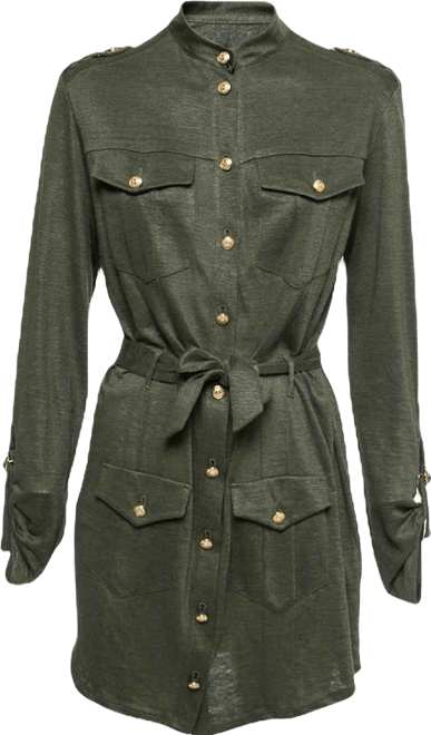 Women's Kaki Green Knit Button-Embellished Belted Mini Dress