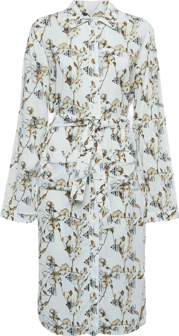 Women's White Floral Logo Print Crepe Belted Midi Shirt Dress