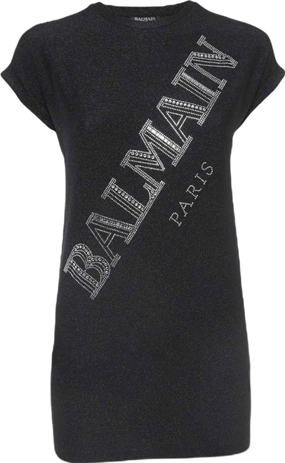 Women's Black Glitter Jersey Crystal Embellished Logo T-Shirt