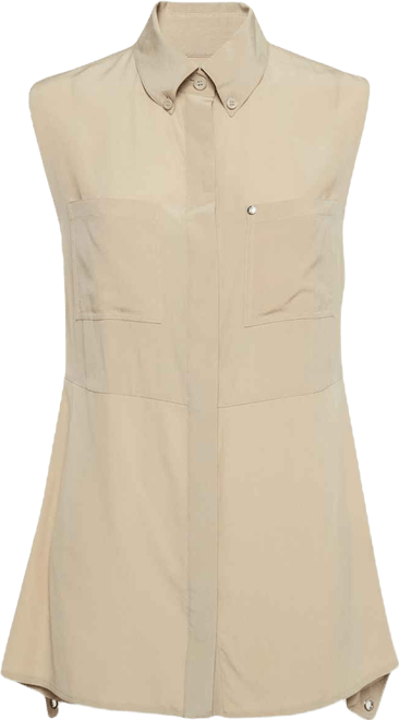 Women's Beige Silk Buttoned A-Line Sleeveless Shirt Blouse
