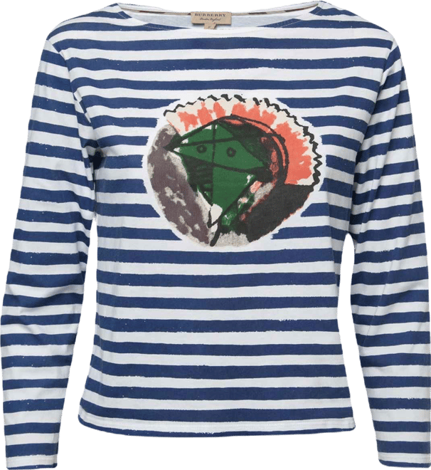 Women's Blue Graphic Stripe Print Cotton Boat Neck T-Shirt