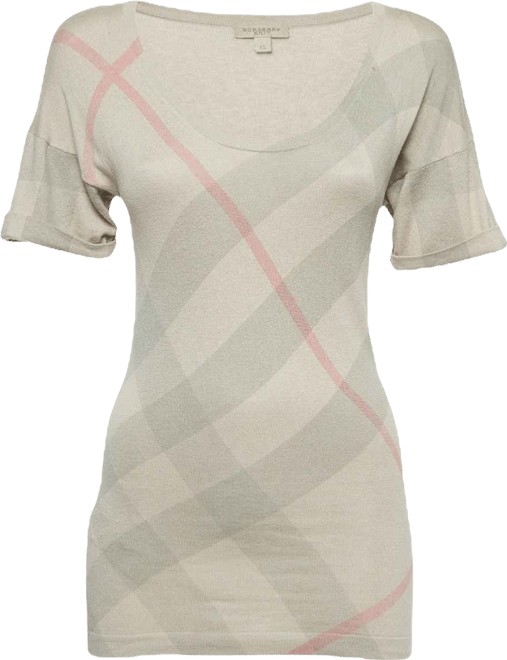 Women's Brit Beige Checked Silk Blend Knit V-Neck T-Shirt