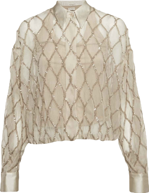 Women's Beige Argyle Sequined Silk Shirt