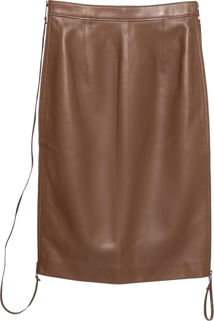Women's Brown Leather Double Zip Pencil Midi Skirt