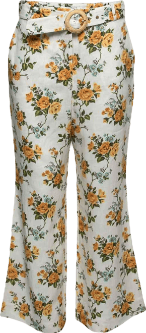 Women's White Floral Printed Linen Belted Straight Pants