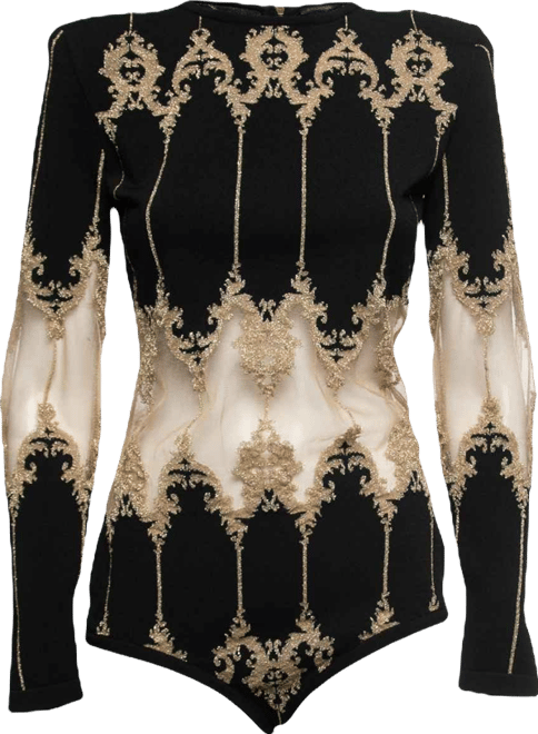 Women's Black Stretch-Knit Metallic Tulle Paneled Bodysuit