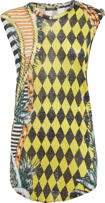 Women's Vintage Multicolor Printed Linen Knit Buttoned Detail Tank Top