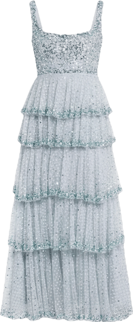 Women's Embellished Net Tiered Ruffle Scoop Neck Gown