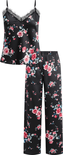 Women's Stretch Satin Lace-Trim Top & Pajama Pants Set, Created for Macy's