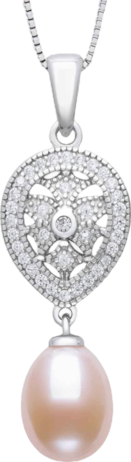 Cultured Freshwater Blush Pink Drop Pearl (8-9mm) and Lab Created Sapphire Necklace in Sterling Silver