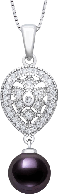 Freshwater Peacock Black Pearl (8-9mm) and Lab Created Sapphire Drop Necklace in Sterling Silver