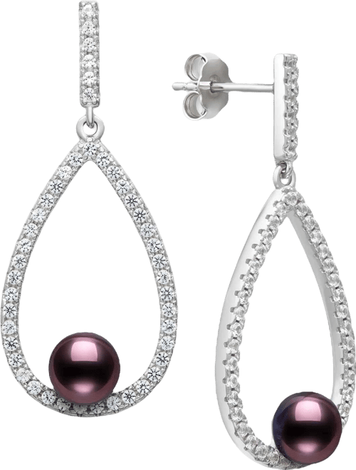 Cultured Freshwater Peacock Black Pearl (6-7mm) and Lab Created Sapphire Drop Earrings in Sterling Silver