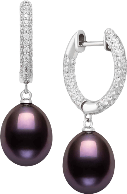 Cultured Freshwater Peacock Black Pearl (10-11mm) and Lab Created Sapphire Drop Earrings in Sterling Silver