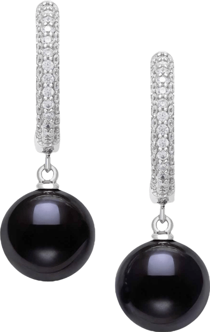 Cultured Freshwater Peacock Black Pearl (10-11mm) and Lab Created Sapphire Drop Earrings in Sterling Silver