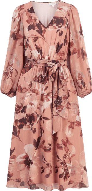 Women's Floral V-Neck Belted Midi Dress