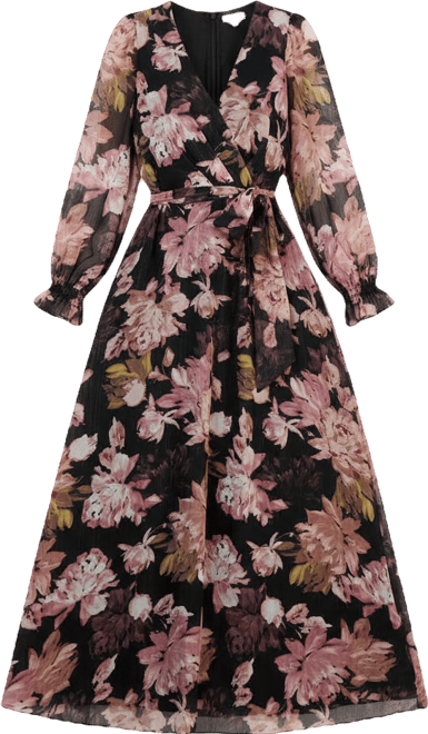 Women's V-Neck Belted Long-Sleeve Maxi Dress