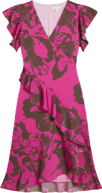 Women's Cap-Sleeve Surplice Neck Ruffle Midi Dress