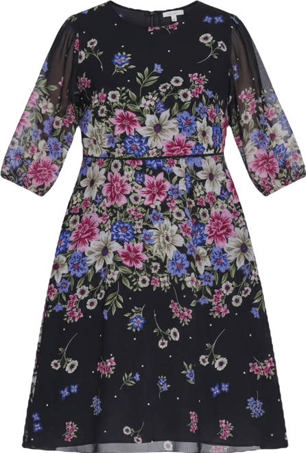 Plus Size Jewel Neck Balloon Sleeve Midi Dress