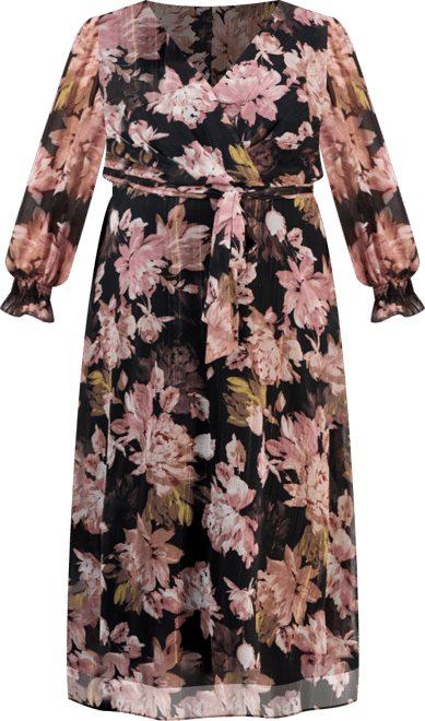 Plus Size V-Neck Belted Long-Sleeve Maxi Dress