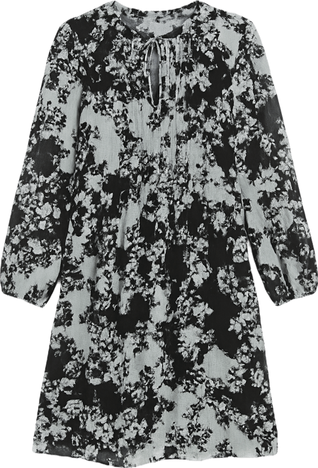 Petite Printed Tie Split Neck Pleated Bodice Dress