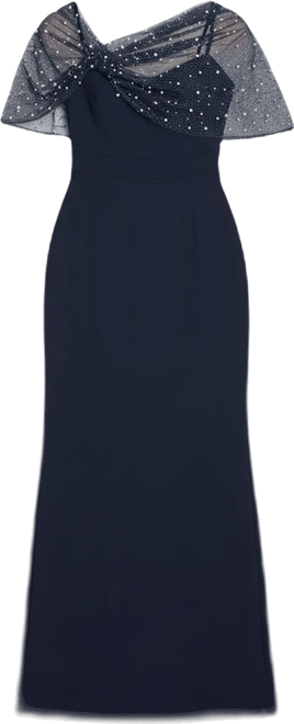 Women's Spaghetti Strap Beaded Twist Overlay Gown