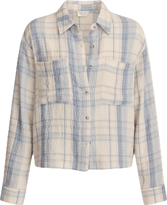 Women's Cropped Plaid Drapey Long-Sleeve Shirt