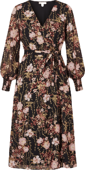 Women's Foiled Floral Print Wrap Midi Dress