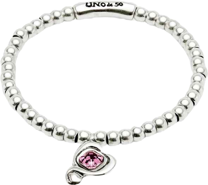 Silver Beaded Stretch Bracelet with Pink Crystal Heart