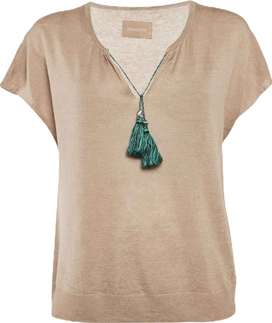 Women's Beige Linen Knit Tie-Up Detail Card Top