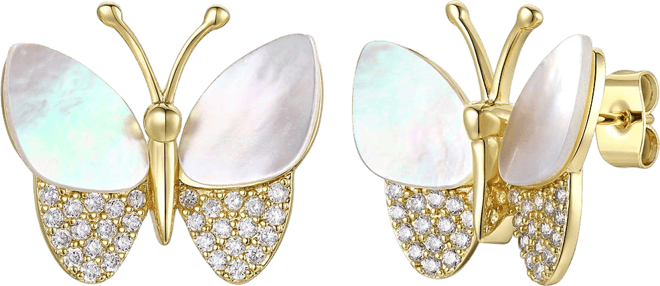 14k Gold Plated with Mother of Pearl & Cubic Zirconia Butterfly Stud Earrings