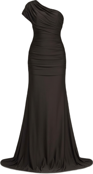 Juniors' One-Shoulder Draped Floor-Sweeping Gown