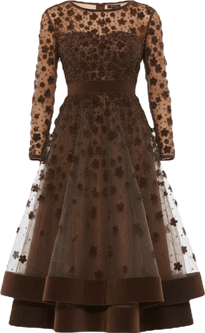 Women's Embellished Illusion High Neck Long Sleeve Fit & Flare Dress