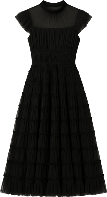 mesh dot micro ruffle midi dress Orange Micro Ruffle Strapless Midi Dress