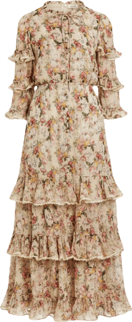 Women's Floral Tiered Ruffle Midi Dress with Long Sleeves