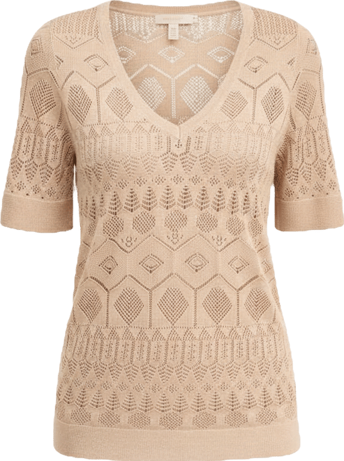 Women's Short-Sleeve Pointelle V-Neck Sweater, Macy's Exclusive