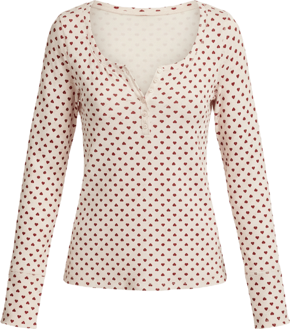 Women's Valentine Pointelle Trim Rib Henley Top