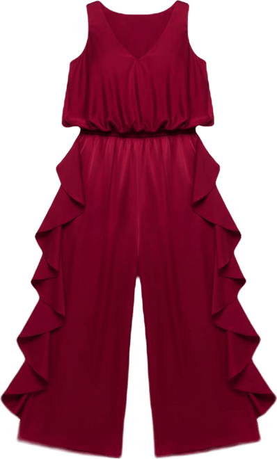 Women's V-Neck Stretch Satin Jumpsuit with Ruffles