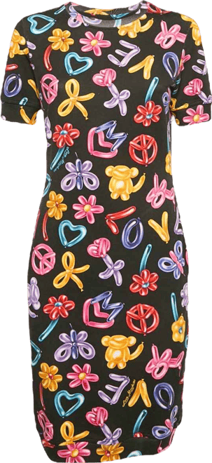 Women's Black Printed Cotton Knit Short Dress