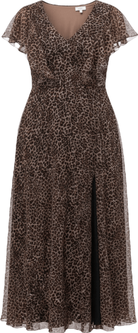 Women's Short Sleeve V-Neck Animal Print Dress with Slit